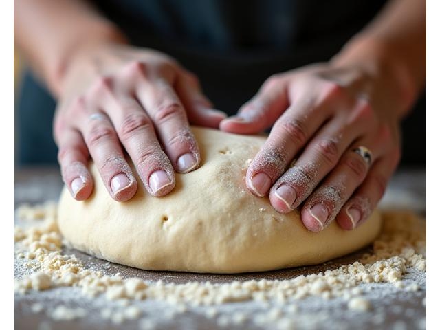 Mains d'un boulanger expérimenté en train de plier de la pâte à levain, accentuant la texture et le développement du gluten.