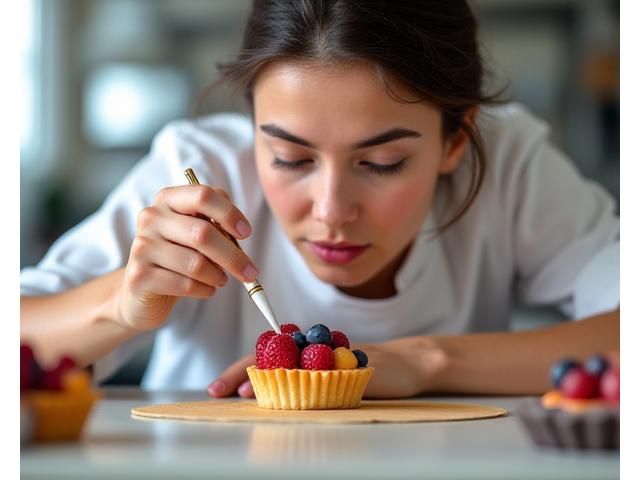 Portrait de Claire Bernard, cheffe pâtissière de Lumière Fournil, décorant une tarte aux fruits avec précision.