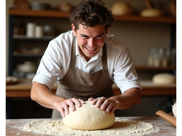 Portrait de Marc Leroy, apprenti boulanger de Lumière Fournil, pétrissant de la pâte à pain avec concentration.
