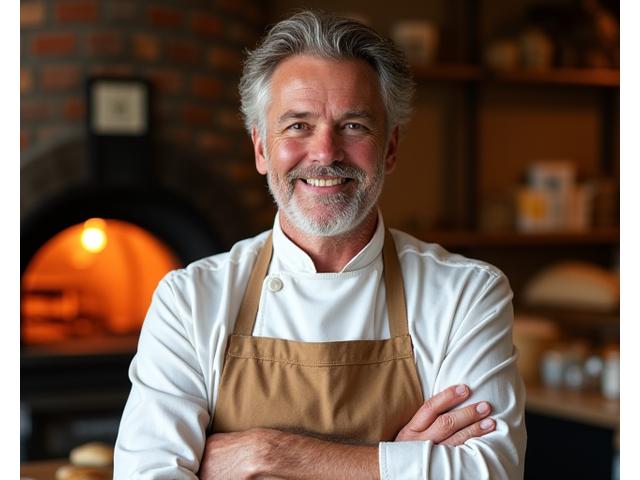 Portrait de Pierre Dubois, artisan-boulanger en chef de Lumière Fournil, souriant devant un four à bois.