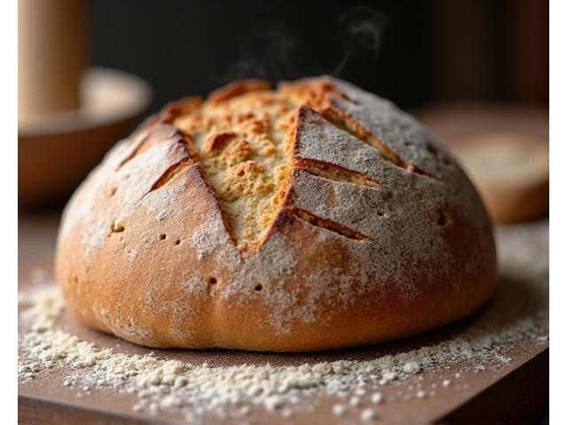 Un pain de campagne fraîchement sorti du four, croustillant et doré.