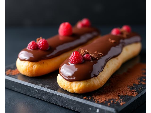 Des éclairs au chocolat élégamment dressés et glacés, sur un fond marbré.