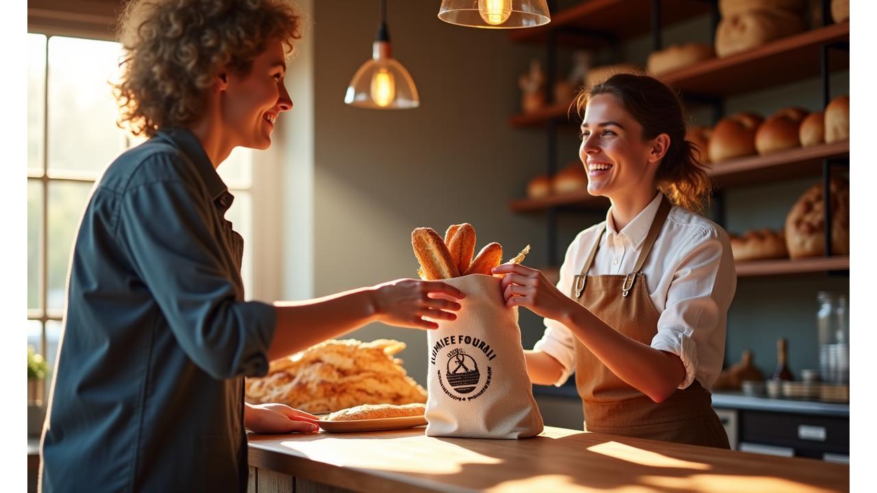 Client utilisant un sac à pain réutilisable à la boulangerie, avec un boulanger souriant en arrière-plan