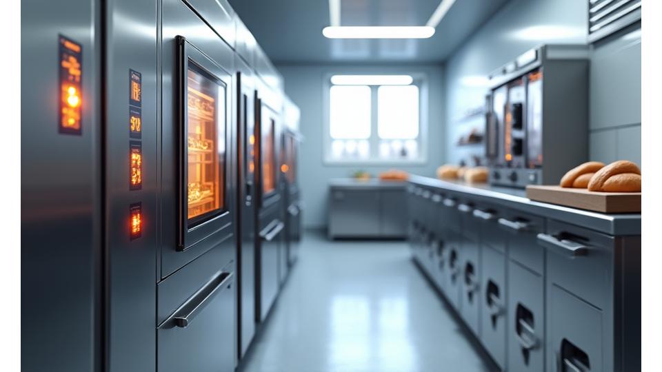Intérieur d'une boulangerie moderne avec des fours à haute efficacité énergétique et un éclairage LED, montrant la propreté et la technologie