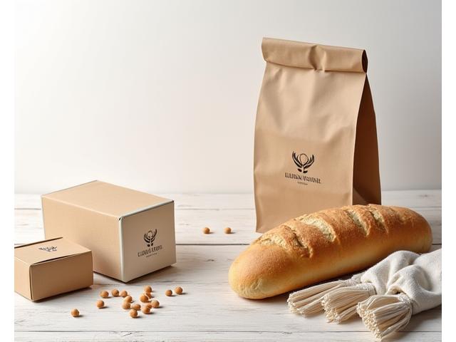 Assortiment de sacs en papier kraft recyclé, boîtes en carton compostable et sacs à pain réutilisables en tissu avec le logo Lumière Fournil