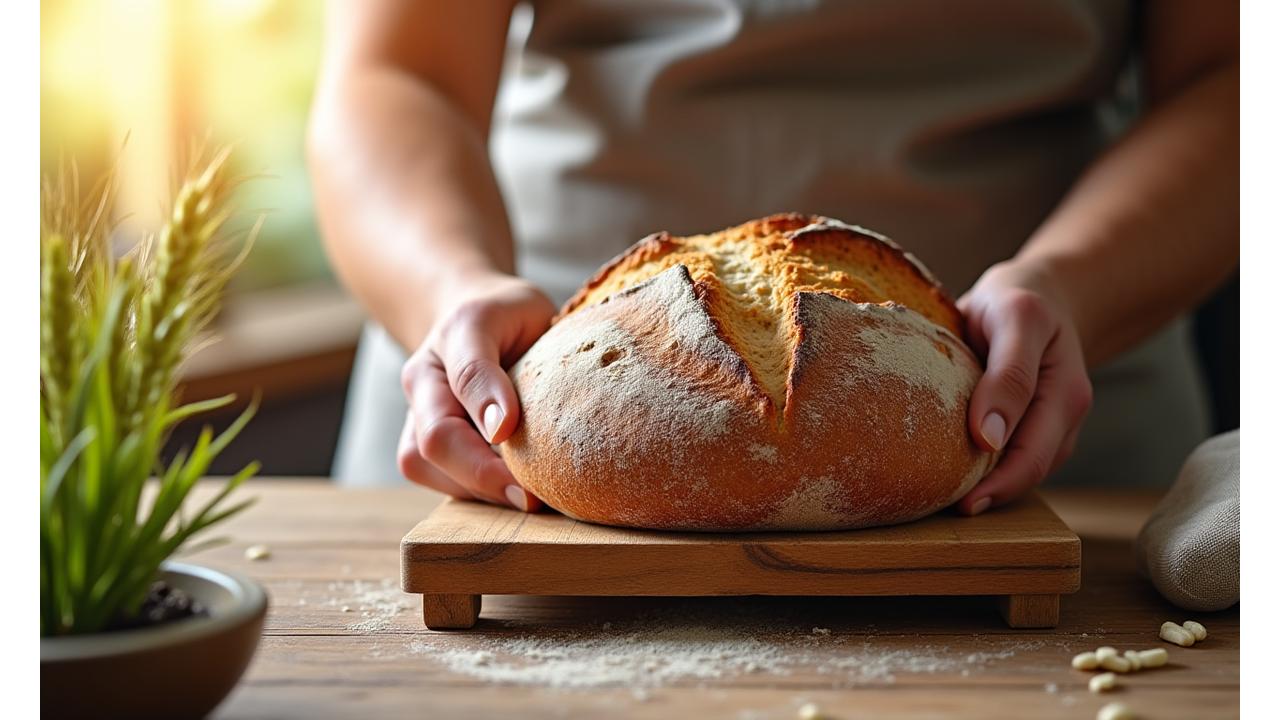 Main d'un boulanger saisissant une miche de pain fraîche devant des épis de blé stylisés et un symbole de feuille verte