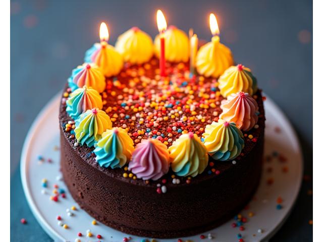 Un joyeux gâteau d'anniversaire coloré décoré de bougies allumées et de confettis, prêt à être dégusté lors d'une fête.