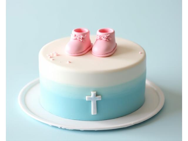 Un délicat gâteau de baptême blanc et pastel, décoré de petits chaussons de bébé et d'une croix discrète, symbolisant la pureté et la joie.
