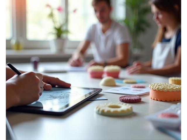 Une main de pâtissier esquissant un croquis de gâteau personnalisé sur une tablette, avec des échantillons de pâte à sucre et d'outils de décoration en arrière-plan, symbolisant la conception sur mesure.
