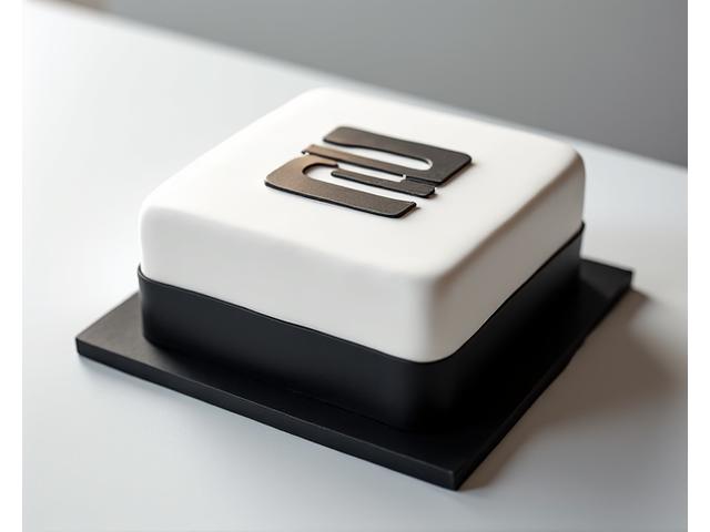 Un gâteau d'entreprise moderne avec un design épuré, des couleurs vives de marque et des éléments graphiques pour un lancement de produit ou une célébration corporative.