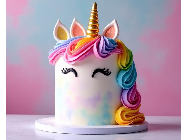 Un gâteau d'anniversaire vibrant en forme de licorne, avec une corne dorée, des oreilles irisées et une crinière arc-en-ciel de crème au beurre.