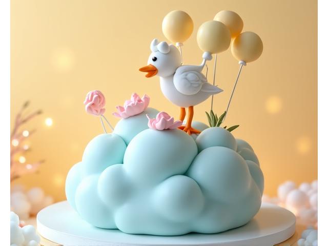 Un gâteau festif pour baby shower, en forme de nuage, avec une cigogne et un bébé en pâte à sucre, dans des tons doux de bleu et rose pastel.