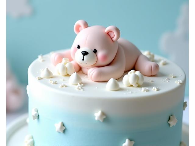 Un délicat gâteau de baptême rond, blanc et bleu pastel, avec un ourson en pâte à sucre endormi sur le dessus et de petits nuages.