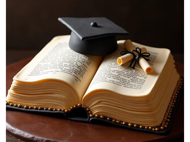 Un gâteau de remise de diplôme en forme de livre ouvert avec une toque et un diplôme sur le dessus, des pages texturées et des détails dorés.