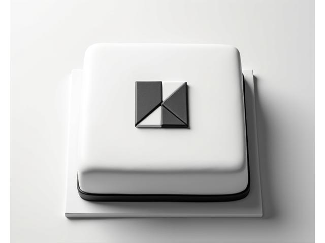 Un gâteau rectangulaire pour événement d'entreprise, noir et blanc, avec un logo d'entreprise précis et moderne imprimé sur le dessus, reflétant le professionnalisme.