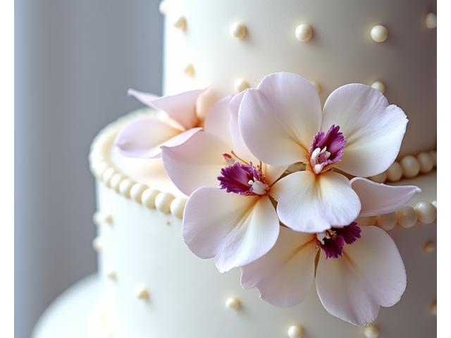 Un gâteau de mariage blanc élégant orné d'orchidées comestibles violettes et blanches et de perles de sucre délicates.