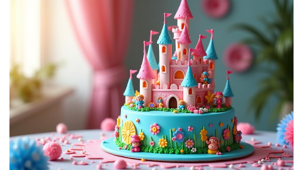Gâteau d'anniversaire pour enfant en forme de château de conte de fées, avec des couleurs vives et des personnages en pâte à sucre, dans un style joyeux.