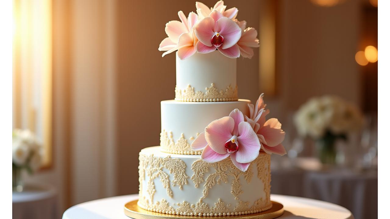 Gâteau de mariage personnalisé à plusieurs étages, blanc et or, avec des fleurs comestibles délicates et des détails en dentelle de sucre, posé sur un support élégant.
