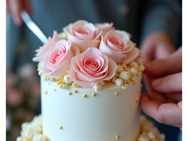 Vue rapprochée d'un couple coupant un élégant gâteau de mariage blanc et or, décoré de fleurs fraîches, dans une ambiance de célébration romantique.
