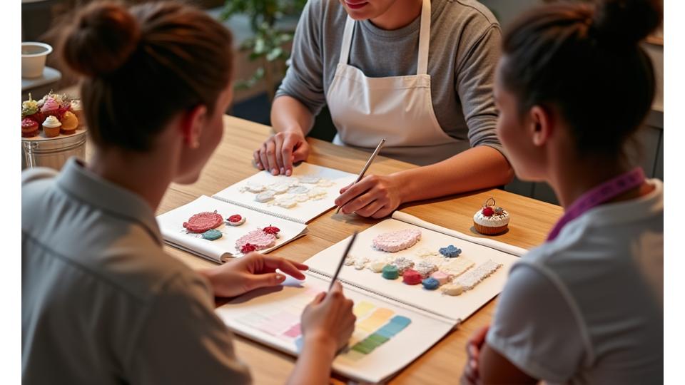 Une pâtissière et un client discutant devant un cahier de croquis de gâteaux, avec des échantillons de tissus et des nuanciers, illustrant une séance de brainstorming créatif.