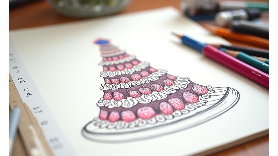 Un dessin détaillé d'un gâteau de mariage sur une feuille de papier, avec des annotations et des mesures, à côté de matériel artistique comme des crayons de couleur et une règle.