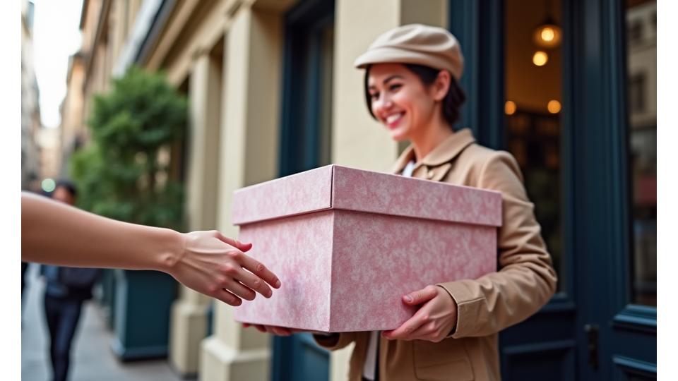 Un livreur de pâtisserie tenant délicatement une boîte à gâteau sur le seuil d'une maison, avec un sourire chaleureux, symbolisant un service de livraison attentionné.