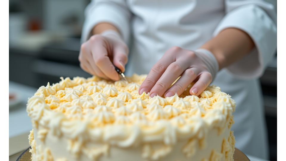 Vue rapprochée des mains d'un pâtissier décorant avec précision un gâteau avec de la crème, des outils de glaçage et des détails miniatures, montrant l'artisanat.