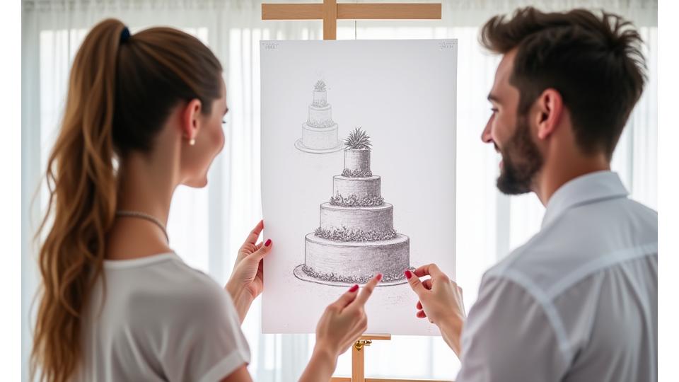 Un client souriant examinant un croquis de gâteau élégant sur une table devant une pâtissière, qui pointe des détails, symbolisant la validation du design.