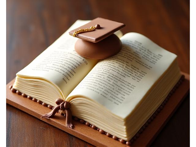 Un gâteau en forme de livre ouvert ou d'un objet symbolique, illustrant une célébration académique ou une remise de diplôme, avec des détails finement sculptés.