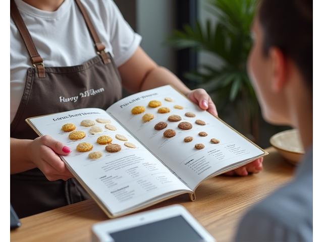 Un chef pâtissier montrant un livre de textures et de décorations de gâteaux à un client, avec des fiches de prix et des options de saveurs sur la table, symbolisant la personnalisation des tarifs.