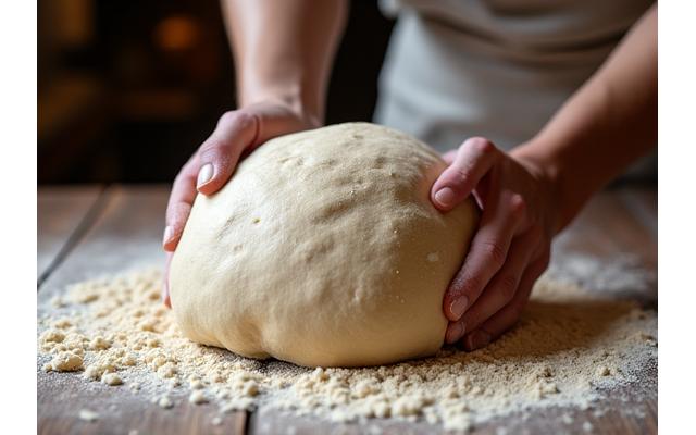 Boulanger pétrissant une grande quantité de pâte à pain