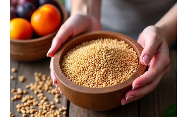 Mains sélectionnant des grains de blé et des fruits frais