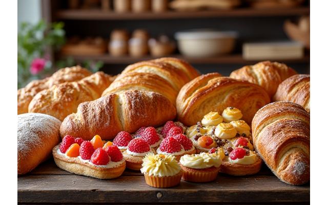 Pain frais et pâtisseries sur une table en bois rustique