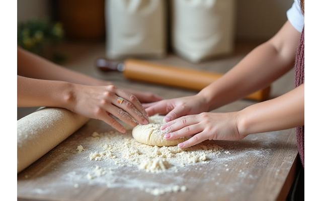 Participant à un atelier de boulangerie pétrissant la pâte