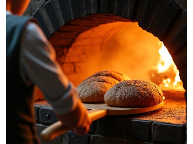 Boulanger défournant des pains dorés et fumants d'un grand four traditionnel en briques.