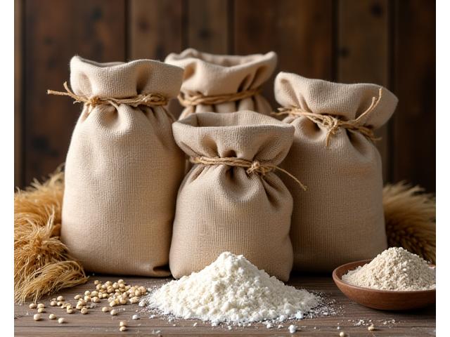 Sacs de farine artisanale et grains de blé sur une surface en bois rustique.