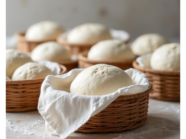 Plusieurs pâtons de pain en fermentation dans des bannetons en osier, recouverts d'un linge.