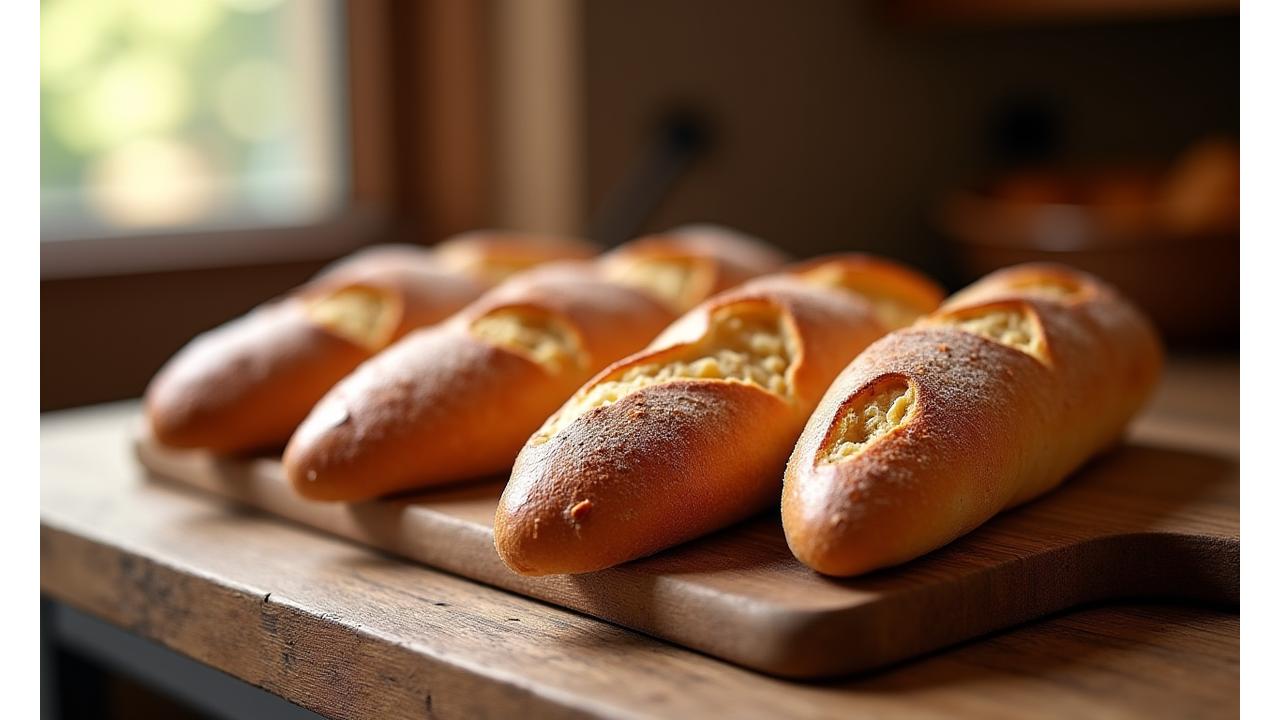 Plusieurs baguettes traditionnelles fraîches sorties du four, dorées et croustillantes sur une planche en bois.