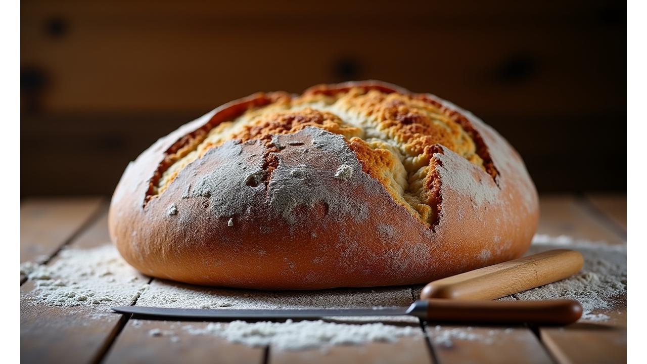 Grand pain de campagne rustique à croûte épaisse et mie alvéolée, avec un couteau à pain.