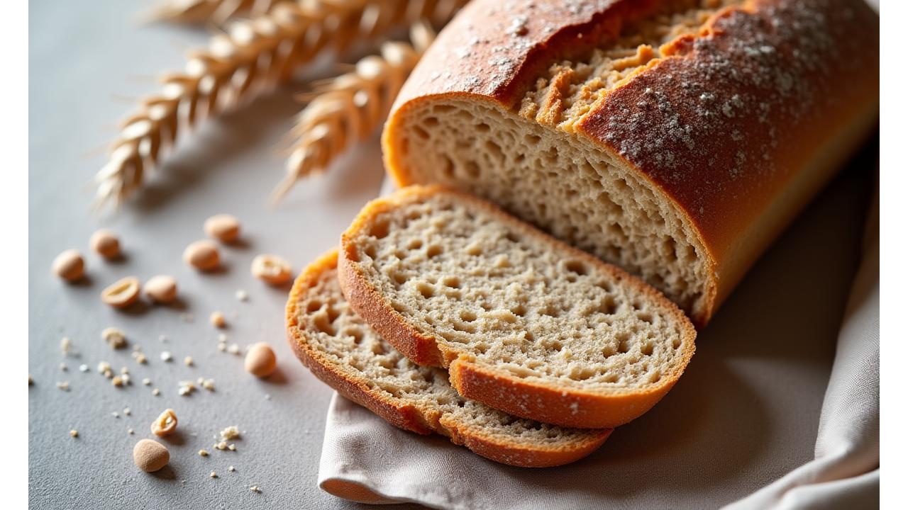 Tranches de pain complet dense et nutritif, avec des graines, posées sur un linge en lin.