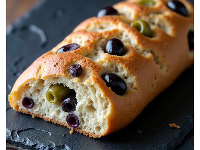 Pain aux olives vertes et noires, coupé pour révéler les olives à l'intérieur.