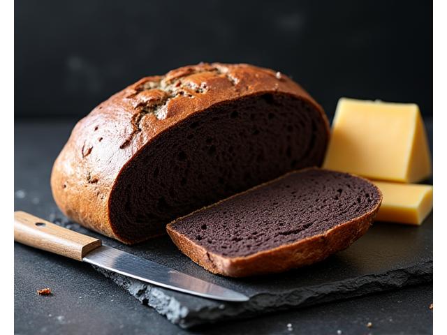 Un pain de seigle foncé et dense, coupé en tranches, parfait pour les fromages.