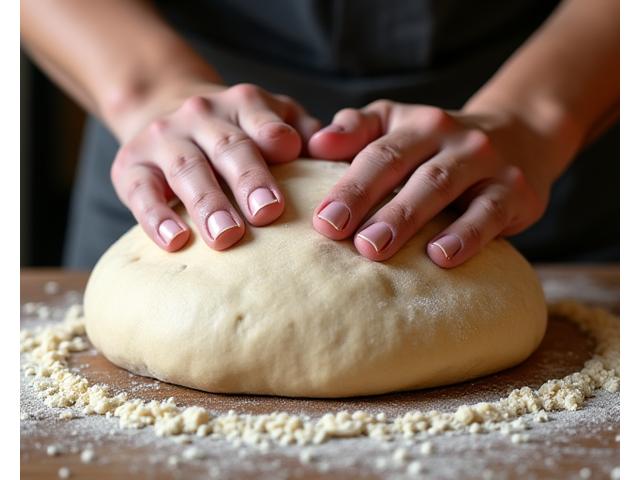 Mains expertes d'un boulanger pétrissant la pâte à pain sur une table enfarinée.