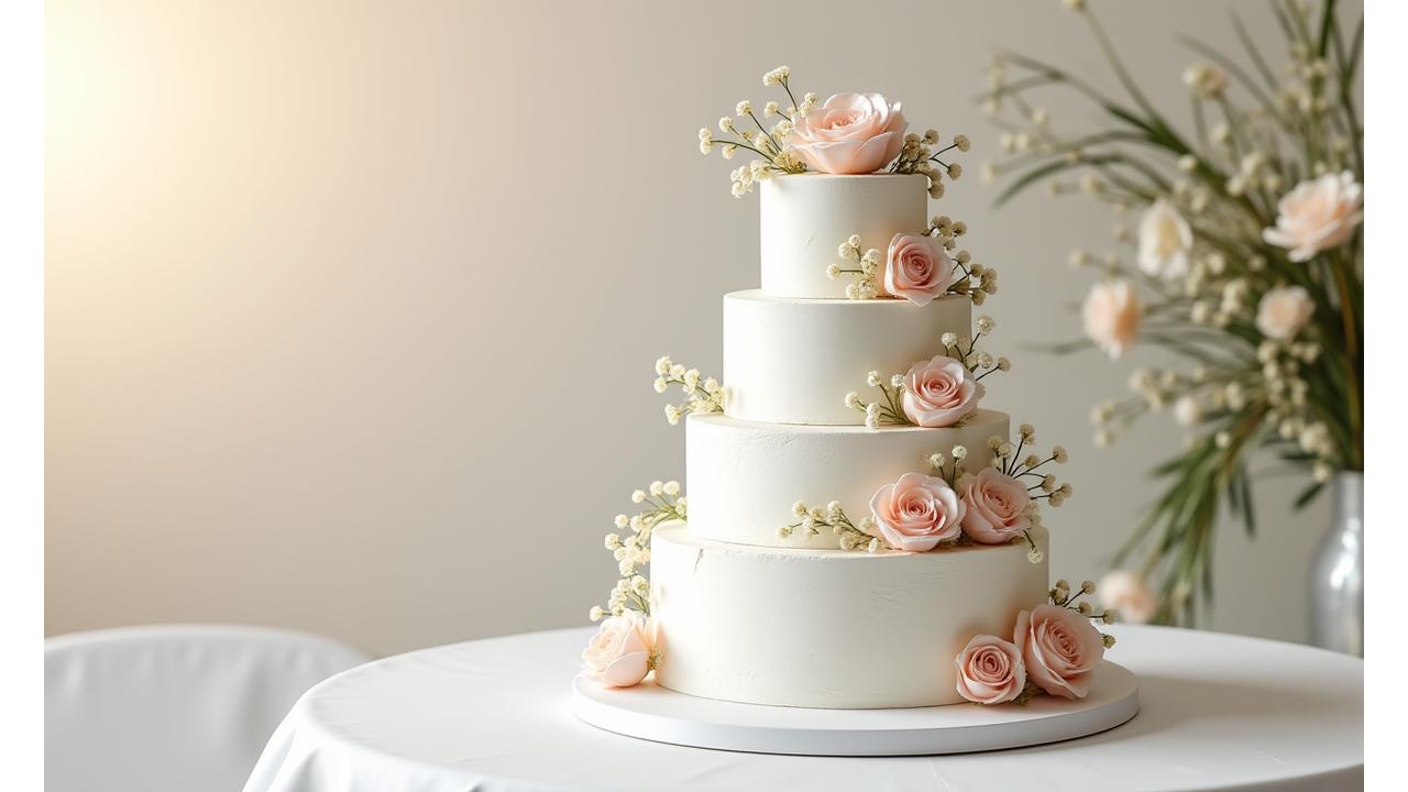 Magnifique gâteau de mariage à plusieurs étages, blanc, décoré de fleurs fraîches et délicates, dans un style élégant et raffiné.
