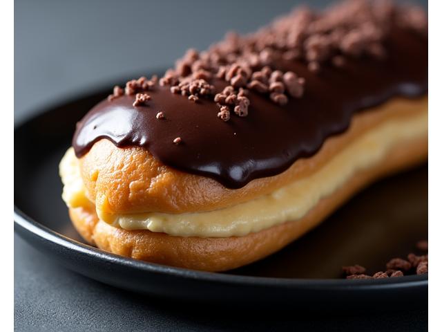 Un éclair au chocolat brillant, garni d'une crème riche et parsemé de fins copeaux de chocolat.