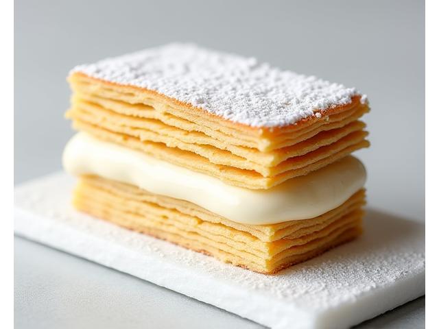 Un mille-feuille élégant avec des couches de pâte feuilletée caramélisée et de crème mousseline à la vanille, saupoudré de sucre glace.
