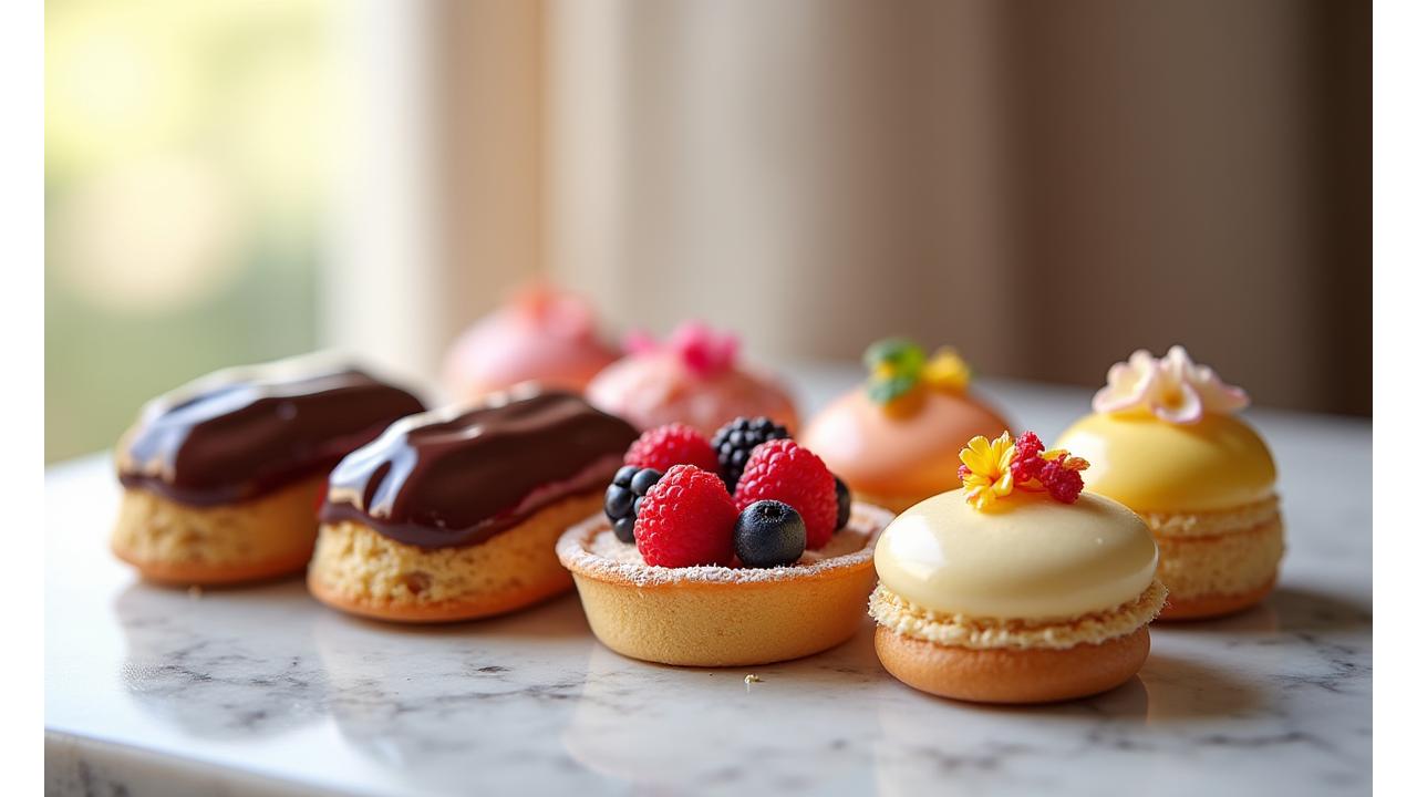 Assortiment élégant de pâtisseries fines de Lumière Fournil, incluant éclairs au chocolat, tartelettes aux fruits rouges et macarons colorés, présentés sur une table en bois clair.