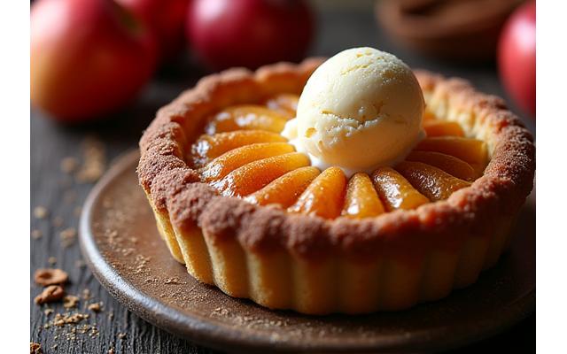 Tarte Tatin caramélisée avec des pommes fondantes, servie avec une boule de glace.
