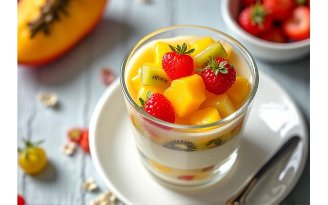 Verrine colorée aux fruits exotiques et mousse légère.