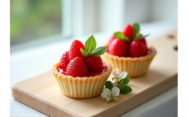 Tartelettes aux fraises fraîches avec de la crème pâtissière, décorées de menthe.